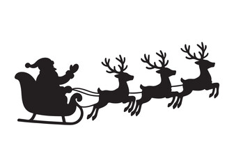 santa flying in sleigh with reindeer logo silhouette vector,  santa's sleigh silhouette vector illustration, christmas night sky sleigh and reindeer flying logo silhouettes vector on white background