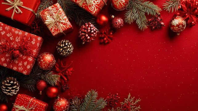 Red christmas background with festive gifts and decorations