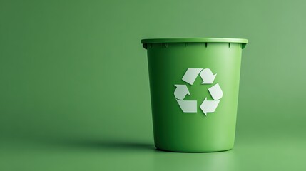 Green recycling bin with a recycling symbol on a solid green background