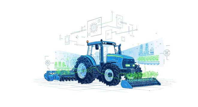 Modern Blue Farm Tractor with Agricultural Implements Illustration.