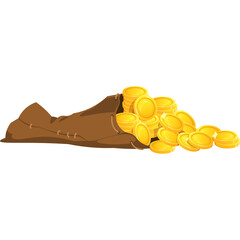 Brown burlap sack overflowing with abundant golden coins on a transparent background perfect for wealth and treasure themes