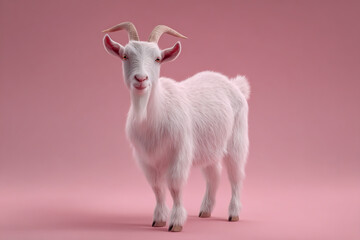 Fototapeta premium A charming white goat with horns stands gracefully on a soft pink background