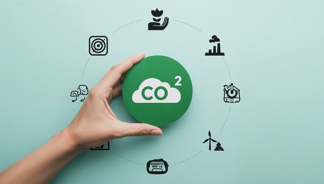 Holding a green symbol for CO2 reduction and sustainability initiatives for a cleaner, healthier planet, promoting eco-friendly practices and climate action