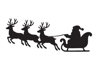 santa flying in sleigh with reindeer logo silhouette vector,  santa's sleigh silhouette vector illustration, christmas night sky sleigh and reindeer flying logo silhouettes vector on white background