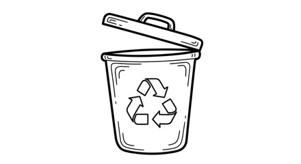 Hand-drawn style recycling bin with open lid illustration.