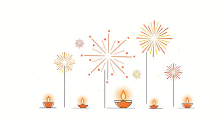 Diwali Celebration with Lit Oil Lamps and Festive Fireworks.