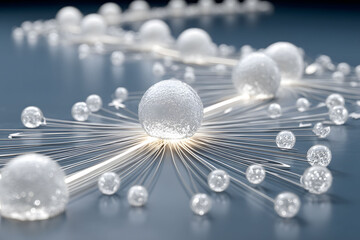 Abstract Network of White Spheres with Glowing Connections on Blue Surface