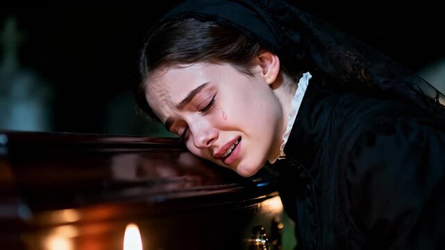 A grieving young woman in victorian mourning dress cries over a coffin. A sad person at a funeral expressing sorrow and loss. Historical drama concept