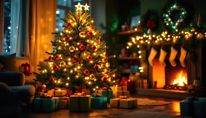 Christmas Celebration With a Beautifully Decorated Tree, Glowing Lights, and Presents in a Cozy Living Room Setting