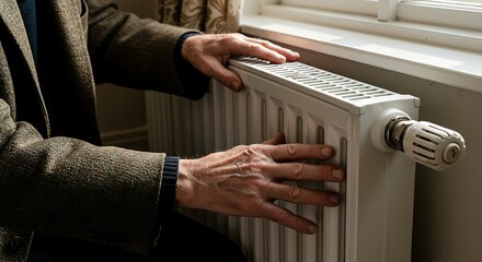 Elderly person warming hands on a radiator.