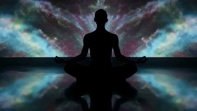 A person's silhouette meditates in a yoga pose. Dynamic, colorful abstract lights create a spiritual background. Mindfulness and consciousness concept