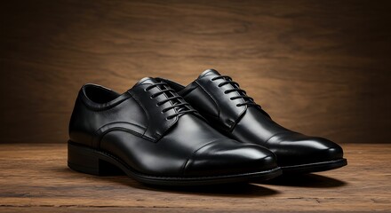 Elegant Black Leather Dress Shoes on Wooden Surface.