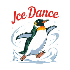 Ice Dance elegant penguin pose, snowy dots surrounding, festive skater theme, bright seasonal greeting print ready vector