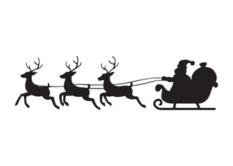 santa flying in sleigh with reindeer logo silhouette vector,  santa's sleigh silhouette vector illustration, christmas night sky sleigh and reindeer flying logo silhouettes vector on white background