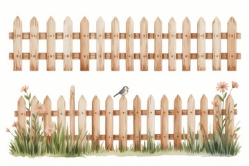Obraz premium Watercolor Fence with Bird Pink Flowers and Green Grass Garden