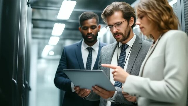 Cloud software team testing scalability of a new platform in a server room monitoring data dashboards cloud scalability enterprise software operations center with copy space