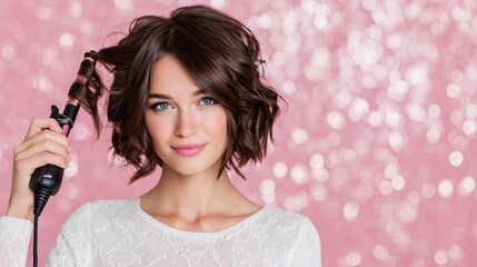 Fototapeta premium Beautiful woman curling short brown hair with curling iron smiling against pink bokeh background in beauty studio