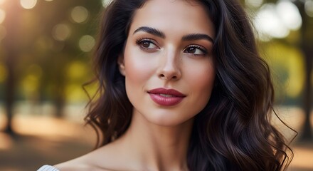 Elegant woman with dark hair in a natural outdoor setting.