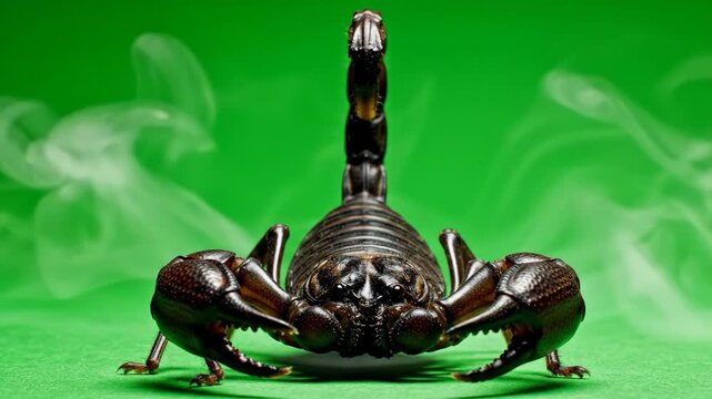 Menacing scorpion on green background.