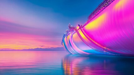 Ethereal luminous building exhibiting a brilliant gradient of pink, yellow, and blue light under a stunning sunset - Powered by Adobe