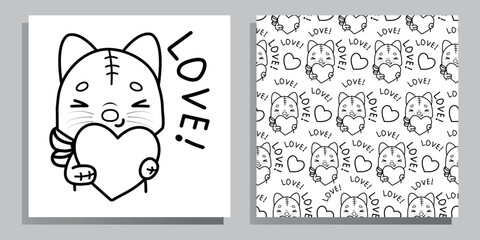 A cute coloring page and seamless pattern with a cat and a heart in kawaii style. Black and white vector holiday illustration.