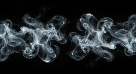 Fototapeta premium Abstract clubs of white smoke isolated on a black background with copy space. Smoke background