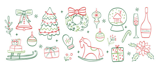 Сhristmas hand drawn icons. doodle vintage element of décor with bows and snowflakes. Vector whimsical sketch for cover, background, frame, pattern, wallpaper.