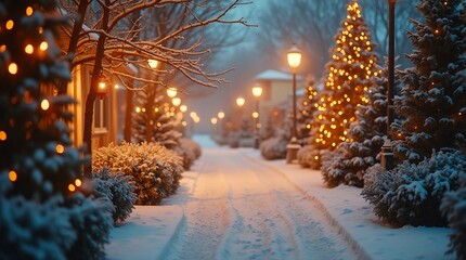 A festive winter city street with a snow-covered road, Christmas trees decorated with garlands, and glowing street lamps in the evening. A snowy alley lit by the light of lanterns 