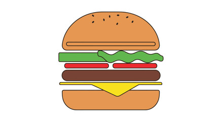 A simple colorful flat line art illustration of a classic cheeseburger with sesame seeds.