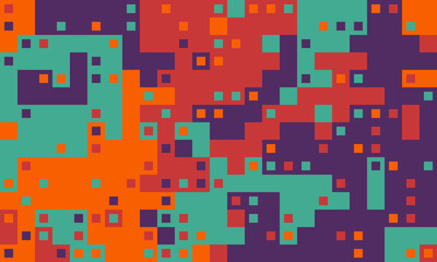 Abstract geometric pattern featuring vibrant orange, teal, and purple squares.  Ideal for tech, design, or modern backgrounds.  Represents data flow, digital technology, or abstract art.