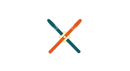 A pair of textured orange and teal skis crossed in an X formation.