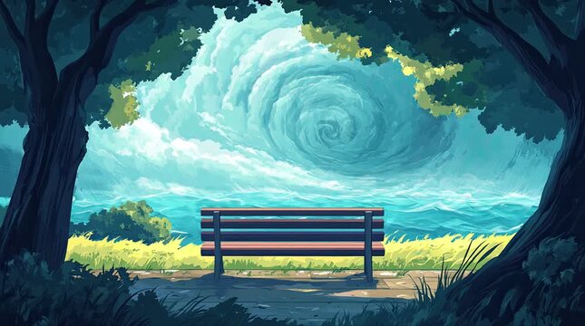 A view of a bench with a large swirling clouds in the sky. 4K animated video