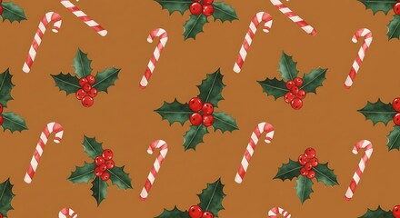 Festive Christmas Pattern with Candy Canes and Holly Berries.