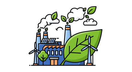 Sustainable Industrial Factory Illustration with Green Energy and Environmental Impact. © Ika
