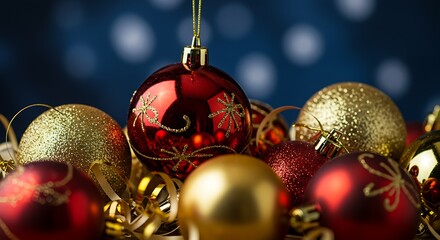 Festive Red and Gold Christmas Ornaments with Bokeh Background.