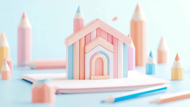 Charming miniature architecture crafted from educational implements in a serene, light-toned setting