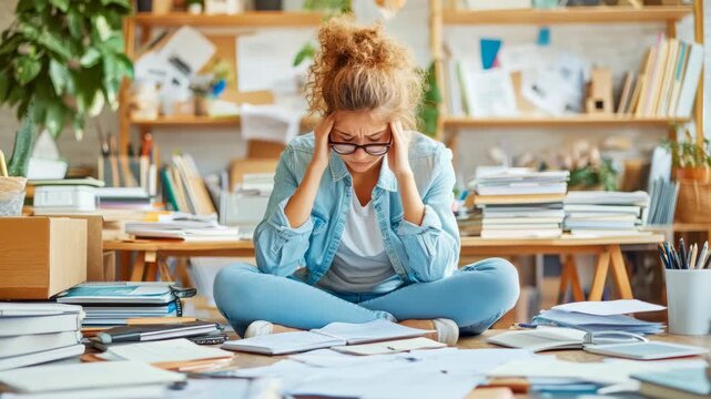 Overwhelmed student struggling with a mountain of academic work on a cluttered desk, reflecting the intense pressure of study and looming deadlines