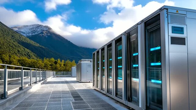 Exterior view of a data center in a cool climate location with mountains in the background location strategy climate advantage IT facilities with copy space