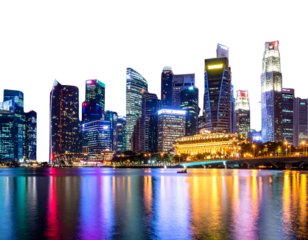  Night City Skyline with Illuminated Windows, Reflections on Water, Isolated PNG