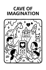 Cave of Imagination Coloring Page with Children Exploring Creative Fantasy World Educational Storytelling Activity Sheet