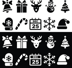 Black and White Solid Christmas Icon Set &ndash; Minimal Festive Vector Collection