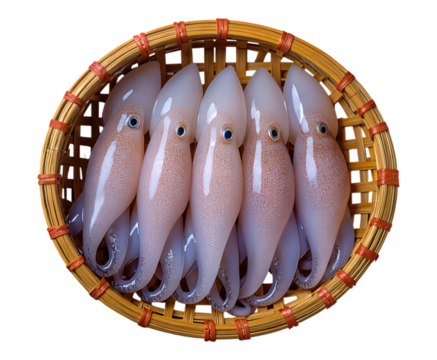 White Squid in Wicker Basket, Glossy 3D Realism Design Element with Transparent Background - Powered by Adobe