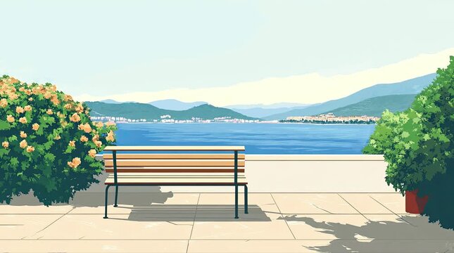 A view of a bench with a sea bay. 4K animated video