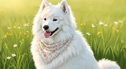 Fluffy White Samoyed Dog Wearing a Bandana in a Sunny Meadow.