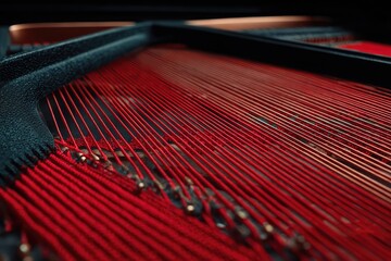 A detailed shot captures vibrant red strings stretched within the interior of a musical instrument