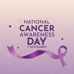 National Cancer Awareness Day poster design featuring purple ribbon symbol, vibrant background, and healthcare theme promoting hope, cancer prevention, and public awareness on November 7th.