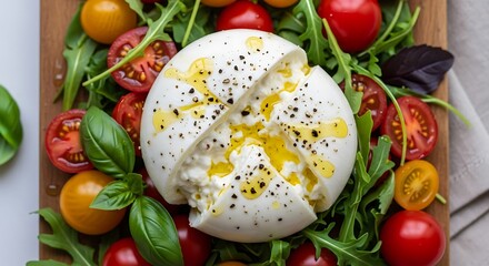 Fresh Burrata Cheese Salad with Cherry Tomatoes and Basil.