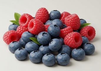 Fresh Ripe Blueberries and Raspberries Pile.