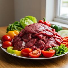 Fresh Raw Beef Slices and Colorful Vegetables Platter.