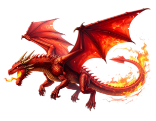  Red Fire-Breathing Dragon in Flying Pose, Dynamic Action Composition, Isolated on White Background